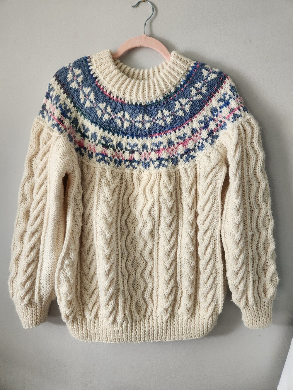 Handknit Fair Isle Nordic Yoke Cream Coloured Chunky Cableknit Sweater